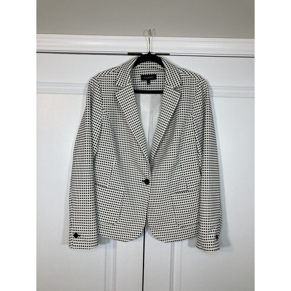 Talbots Black & White Check One Button Office Career Wear Blazer Size Large